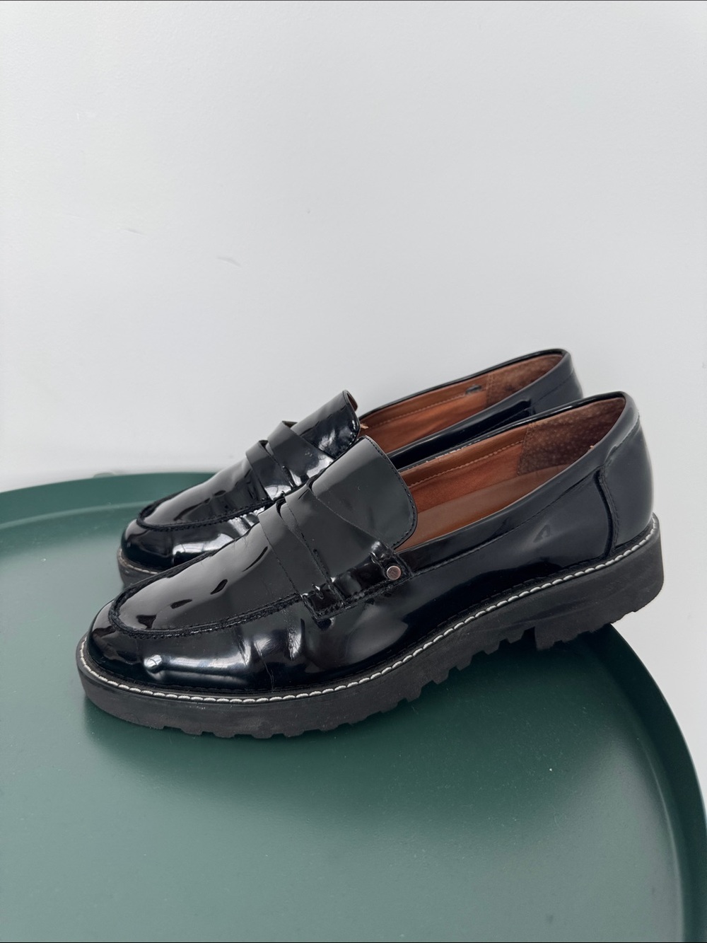 Franco Sarto Black Patent Leather Penny Loafers